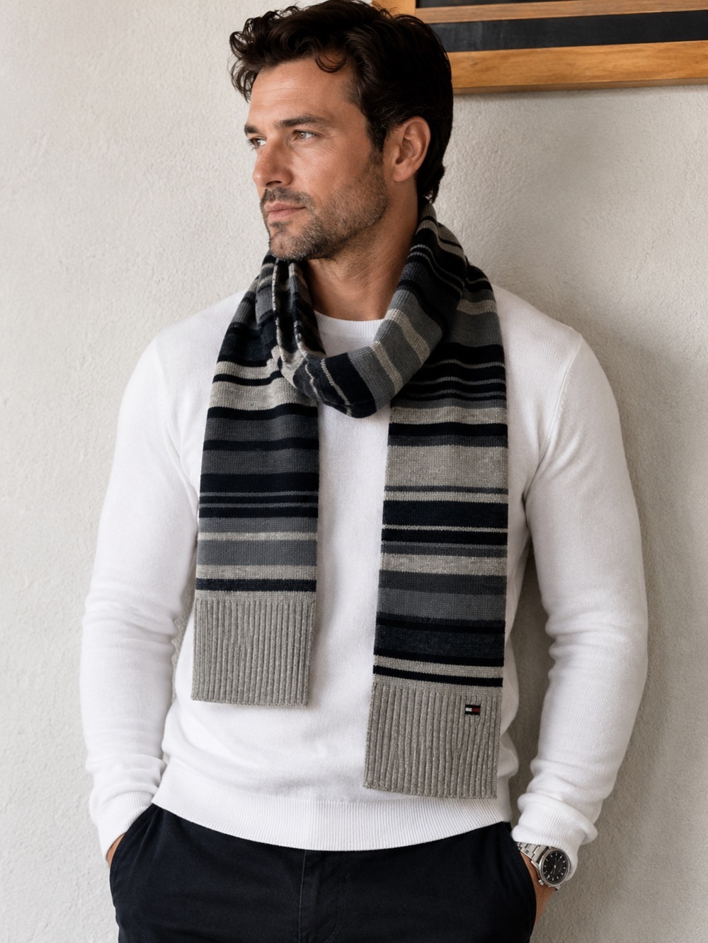 Tommy Hilfiger Black and Gray Knitted Scarf